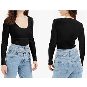 GUESS Womens Charlie Ribbed Scoop Neck Top Black